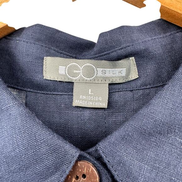 Go Silk Navy Blue 100% Linen Long Sleeves Button Front Shift Shirt Dress - Picture 11 of 13